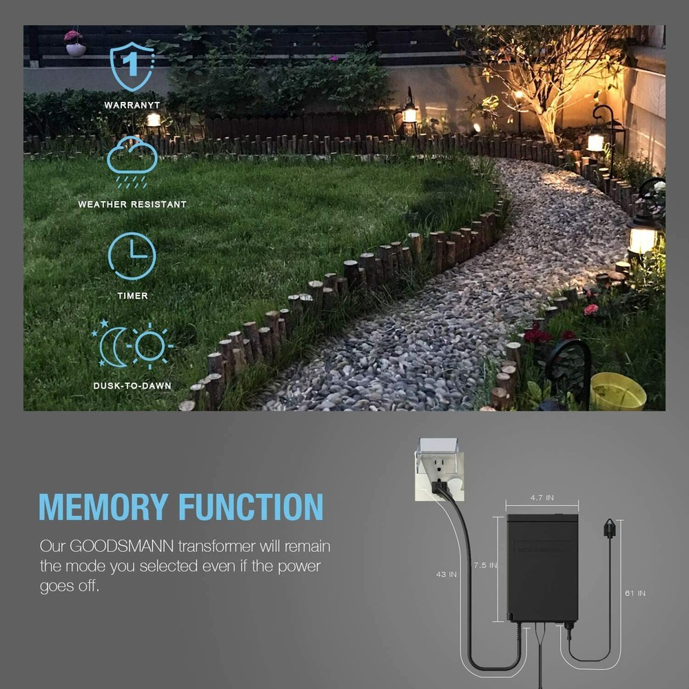 GOODSMANN Low Voltage Transformer 200 Watt with Timer, Photo Eye Sensor