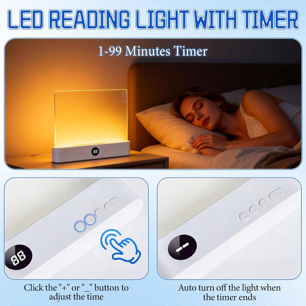Book Light, Rechargeable Clear LED Flat Reading Light with 3 Colors & Timer, Dim