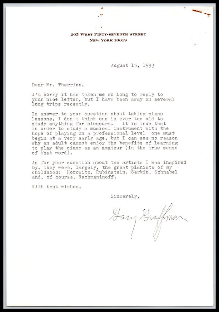 Gary Graffman - Classical Pianist - 7x10 Letter - Signed | Autograph