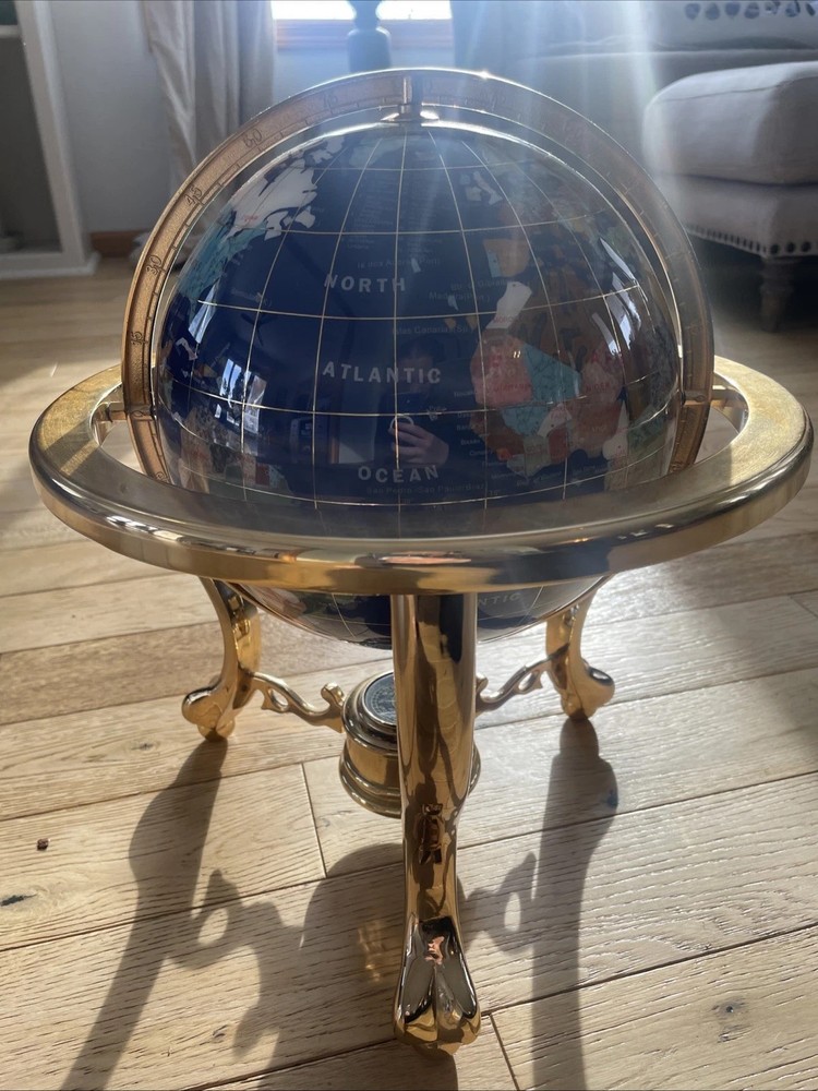 14 Inch Decorative Gemstone Inlaid World Globe With Solid Brass Three.