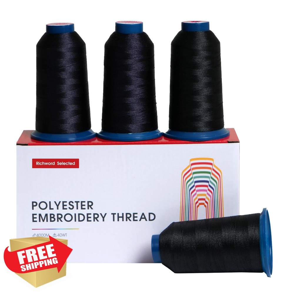 Poolin Black Embroidery Thread 4 Spool 4000M Polyester Machine