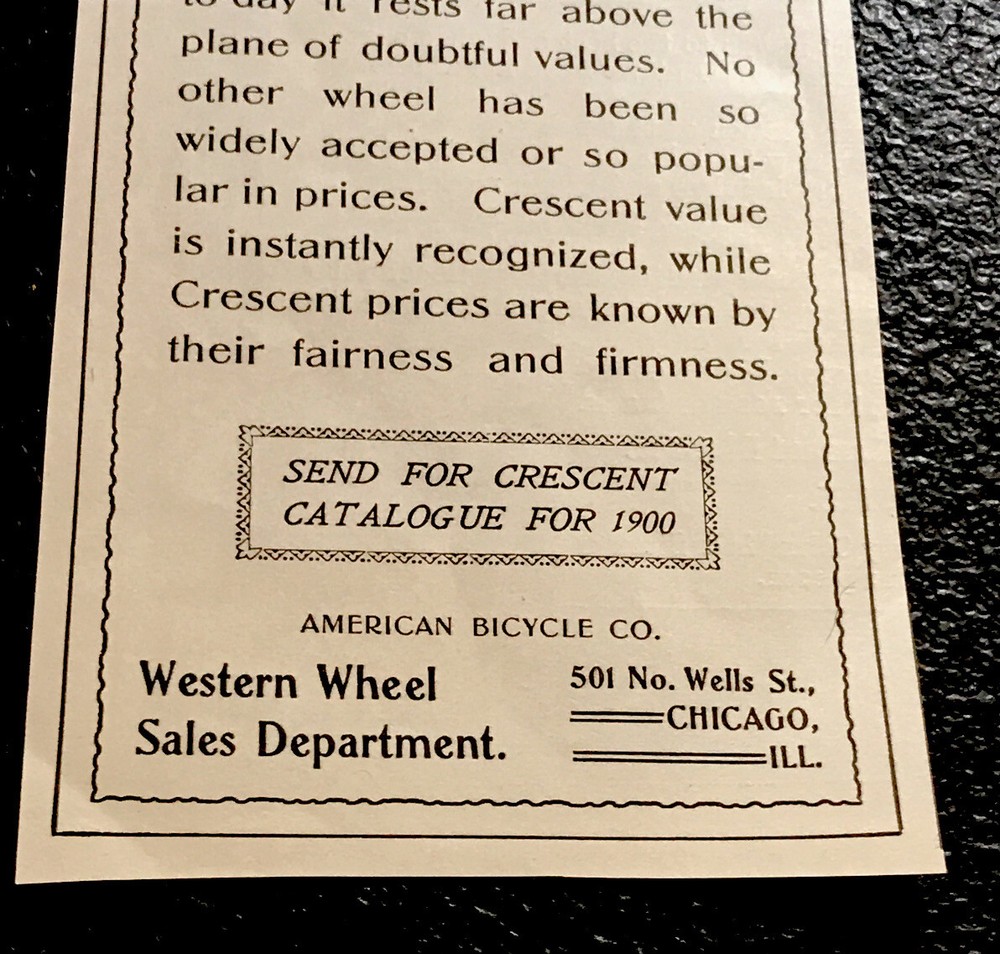 ORIGINAL 1900 Crescent Bicycle Advertising - Chicago