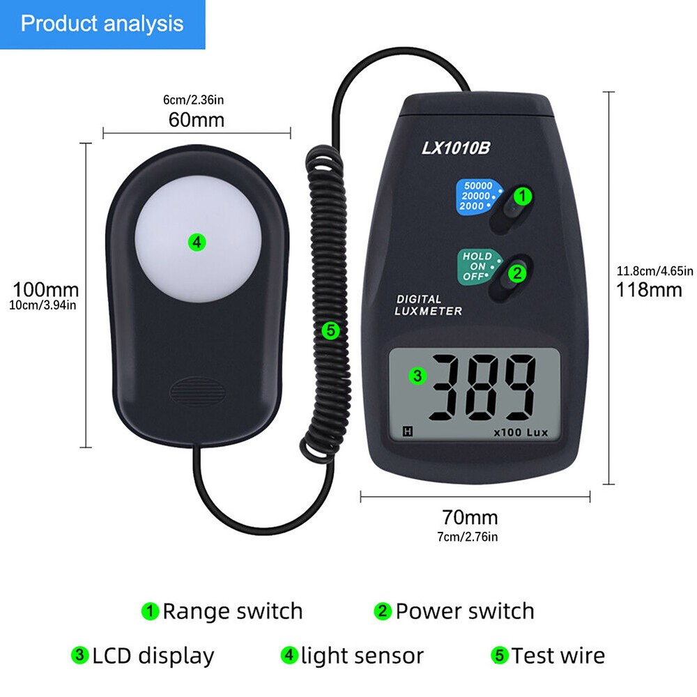 12-Digit LCD Display Digital Light Meter LX-1010B illuminance Meter Tool