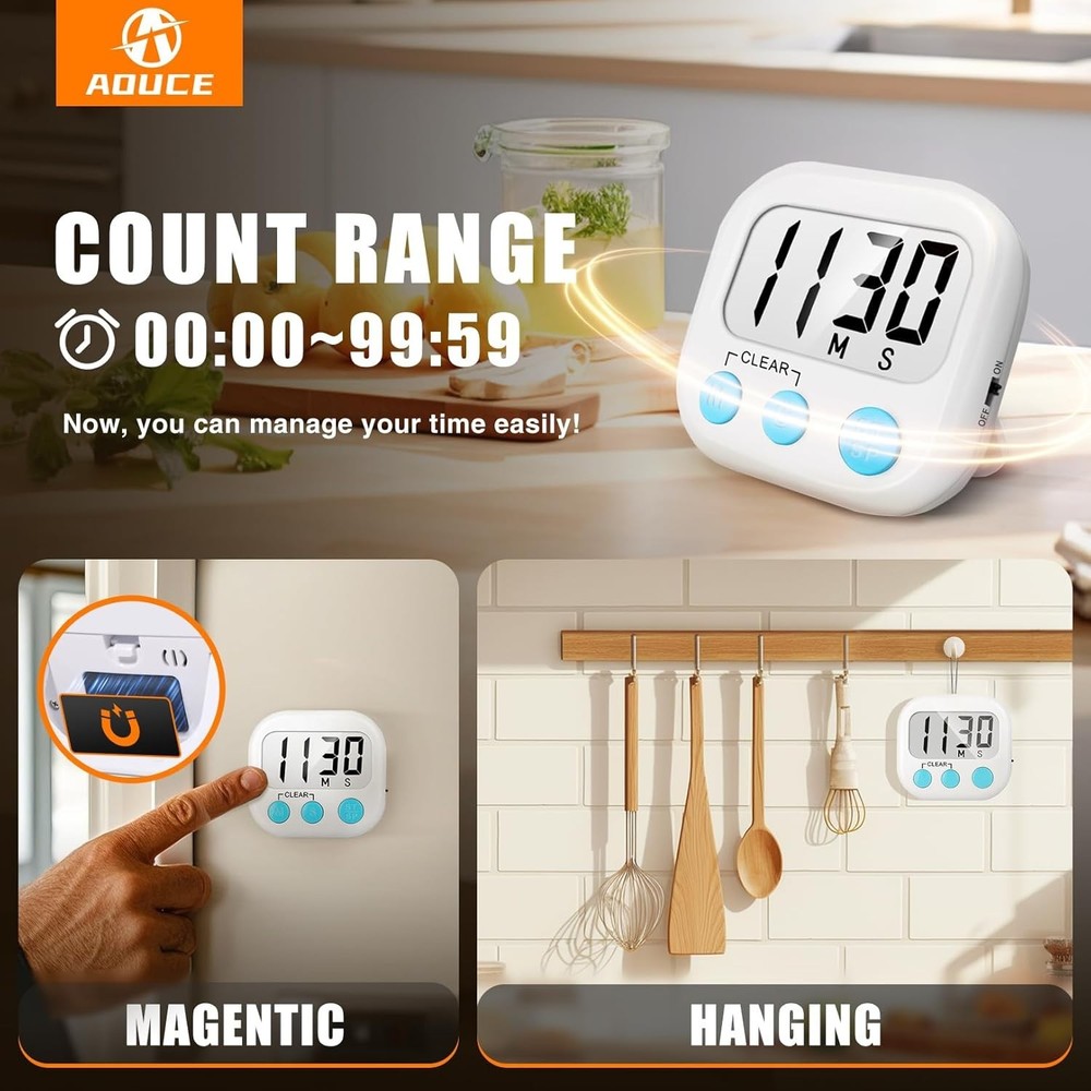 Loud Alarm Digital Kitchen Timer 2-Pack with Memory Settings & Magnetic Back