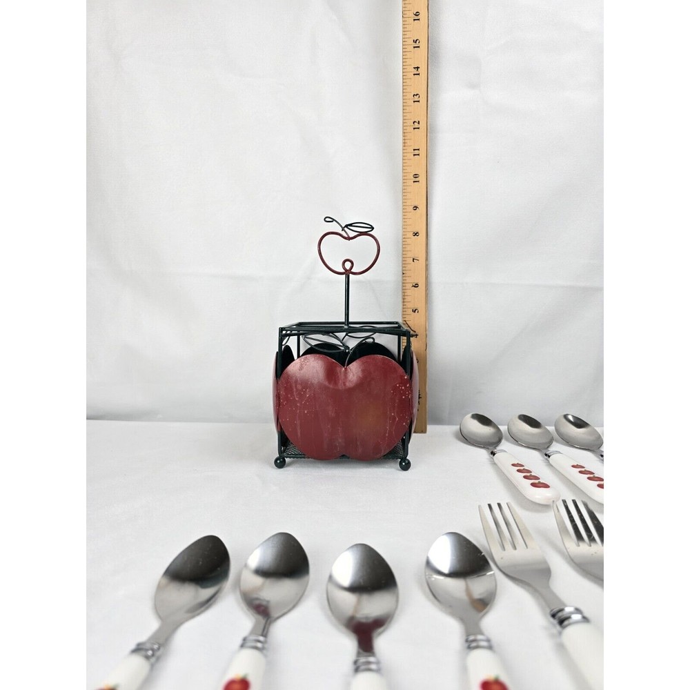 Apple Flatware Set & Holder Farmhouse Fruit Vintage Plastic Handle