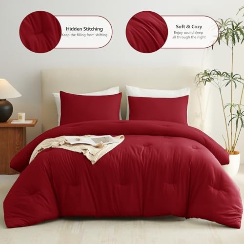 Comforter Set 3 Pieces Solid Comforters Size Breathable Quilted Queen Dark Red