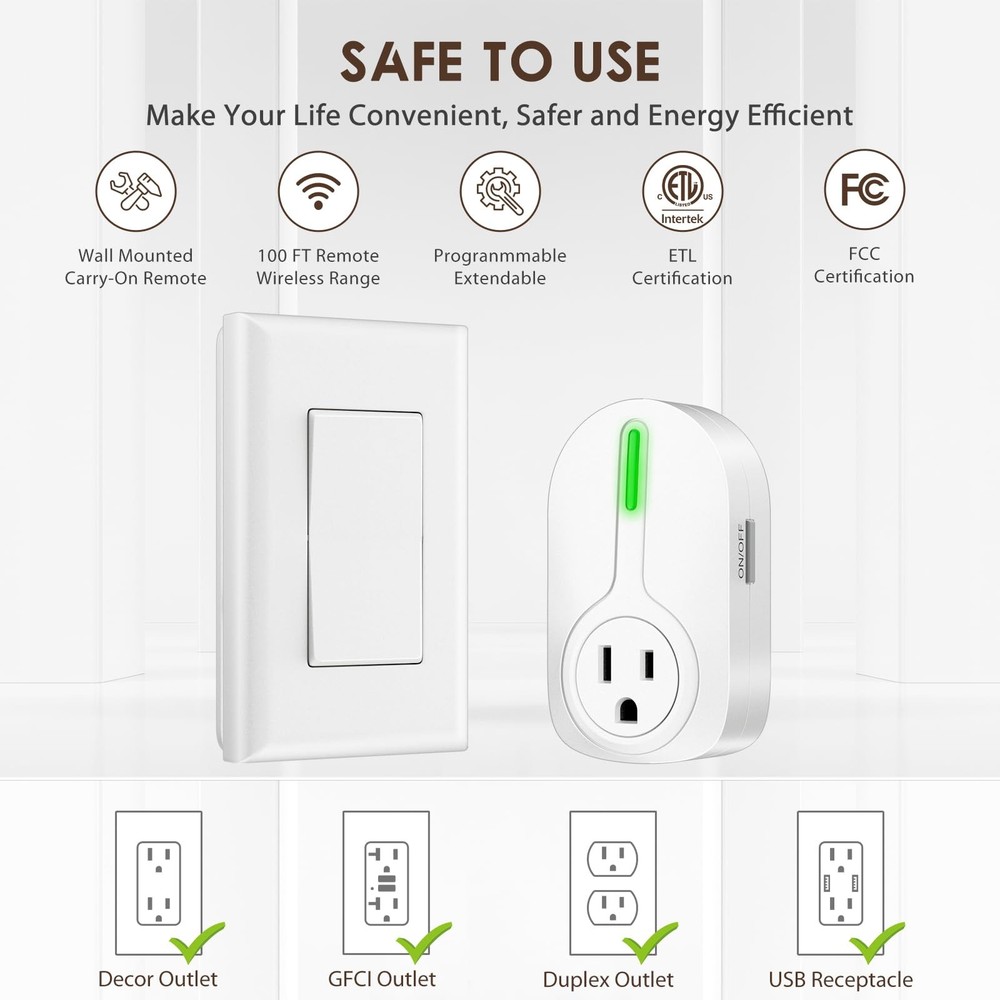 - Wireless Remote Control Outlet, Indoor Remote Light Switch for Plug in Lamp...