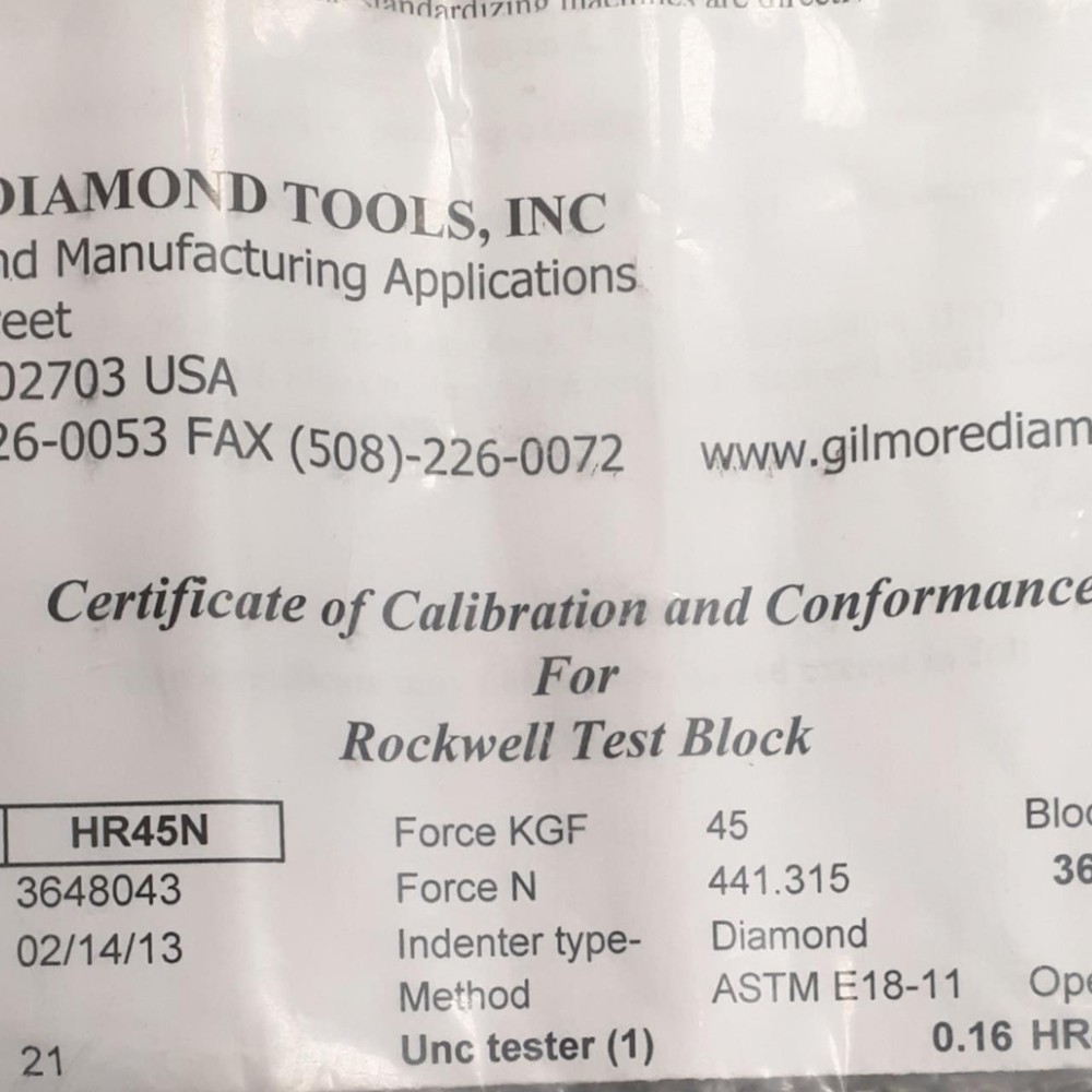Gilmore Diamond Tools 65.85 HR45N Certified Rockwell Hardness Testing Block
