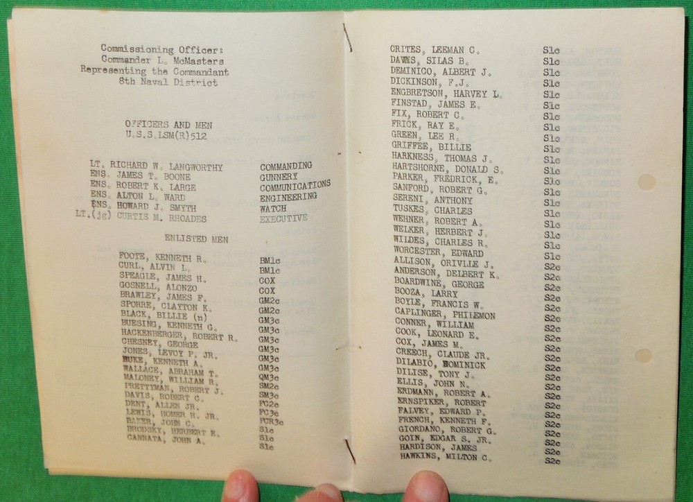 WW2 1945 USN Landing Ship Medium (Rocket) LSM-512 Commissioning Program, Houston