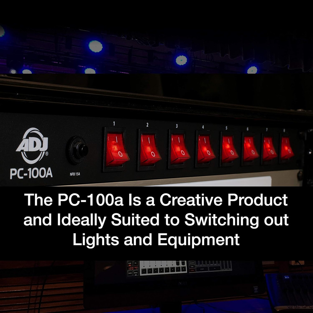 ADJ PC100A Power Strip Single Rack Space Unit with 8 on off Lighted Toggle Switc