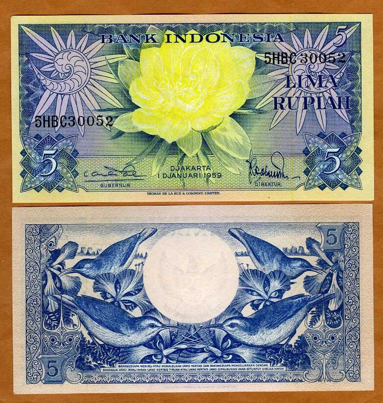 Indonesia, 5 Rupiah, 1959, P-65, UNC Flower, Birds