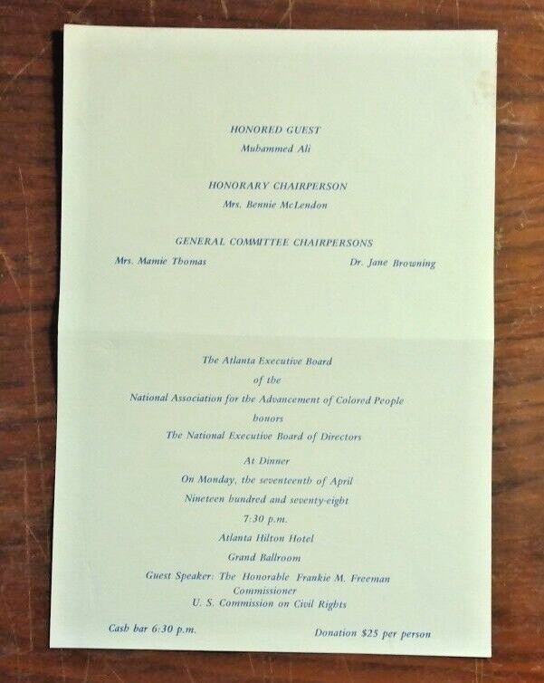 1977 NAACP Atlanta Branch Dinner Table Card ~ MUHAMMED ALI Honored Guest
