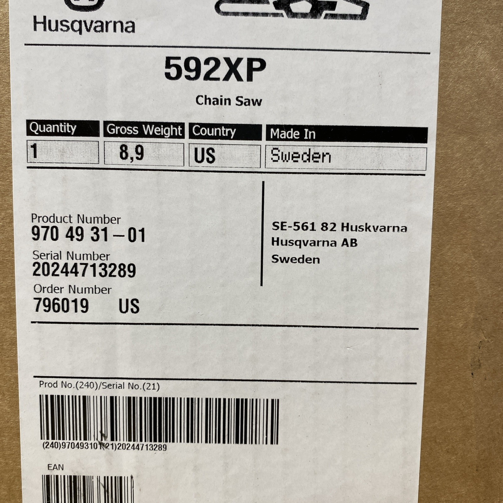 Husqvarna 592XP Chainsaw Powerhead Only, No bar and Chain