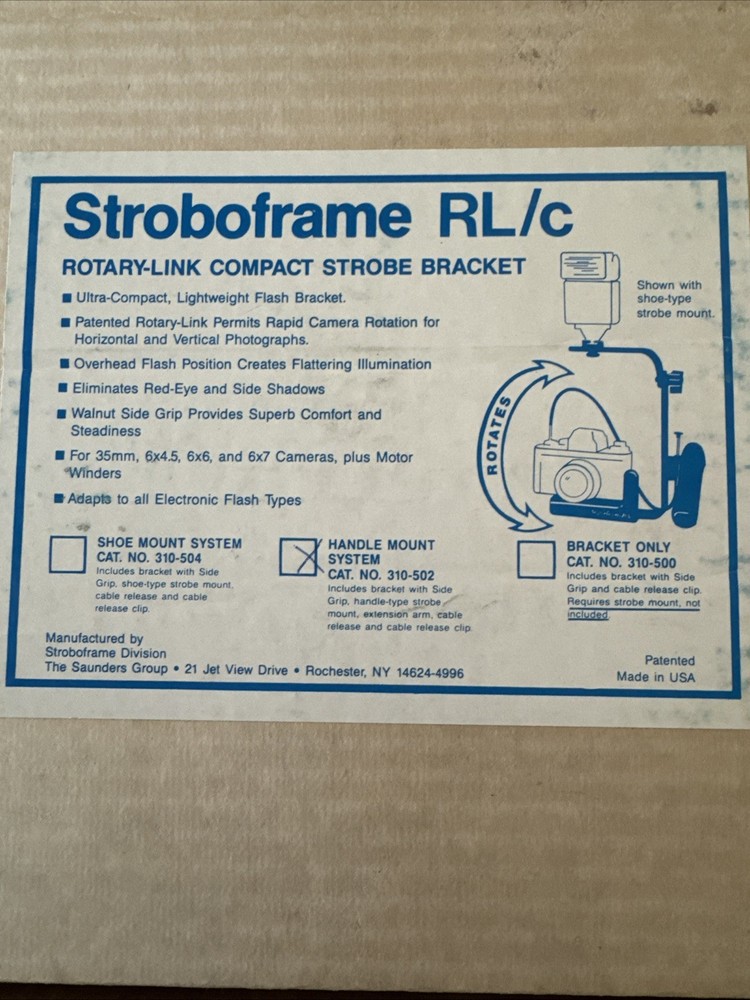STROBOFRAME RL/C Camera Flash Bracket Designed For 35mm & 645 Cameras