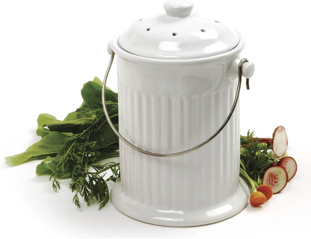 , White , 1 Gallon Ceramic Compost Keeper, One Size