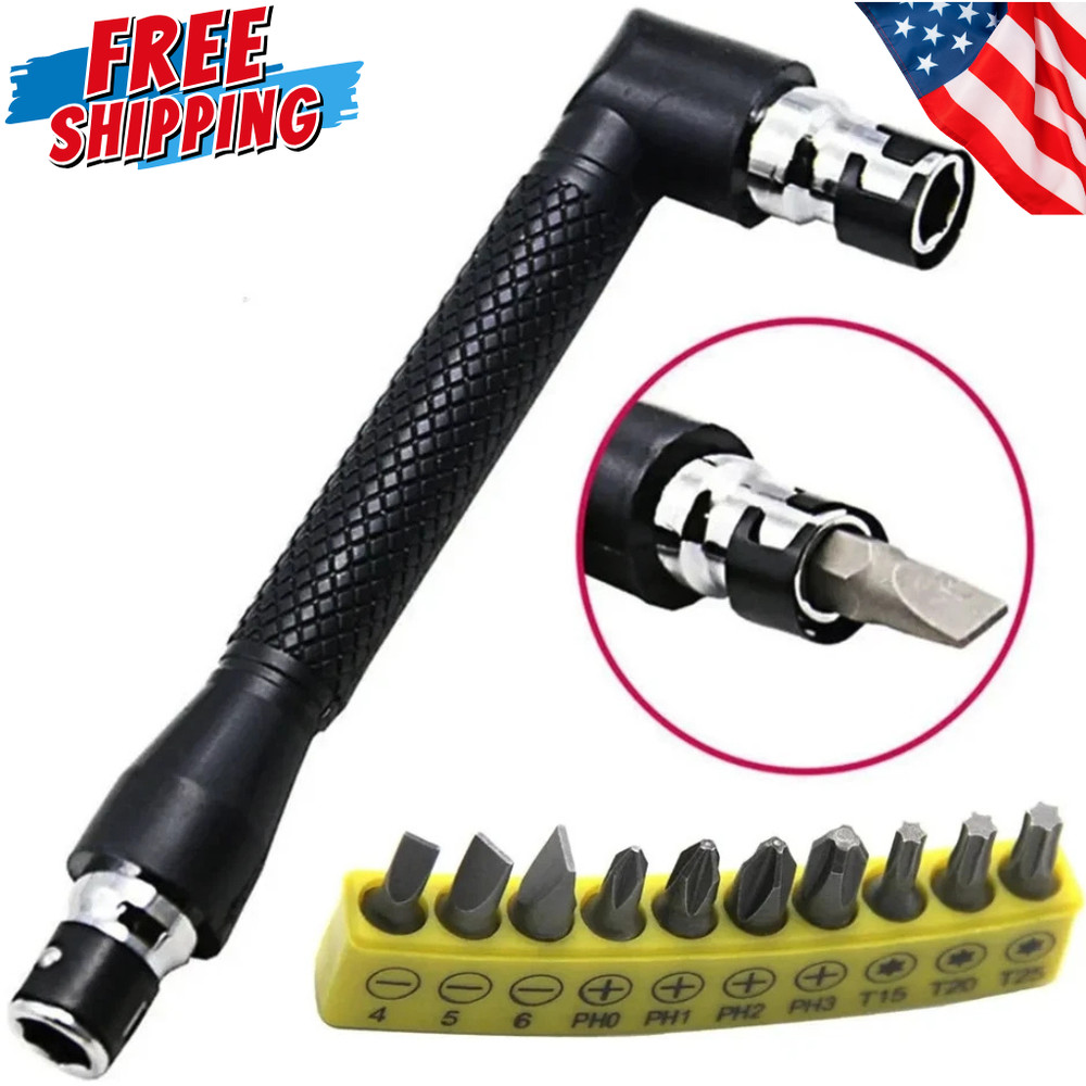 1pc L-Shaped 1/4 Hex Screwdriver + 10pcs Bit Set 90° Double Head - NEW