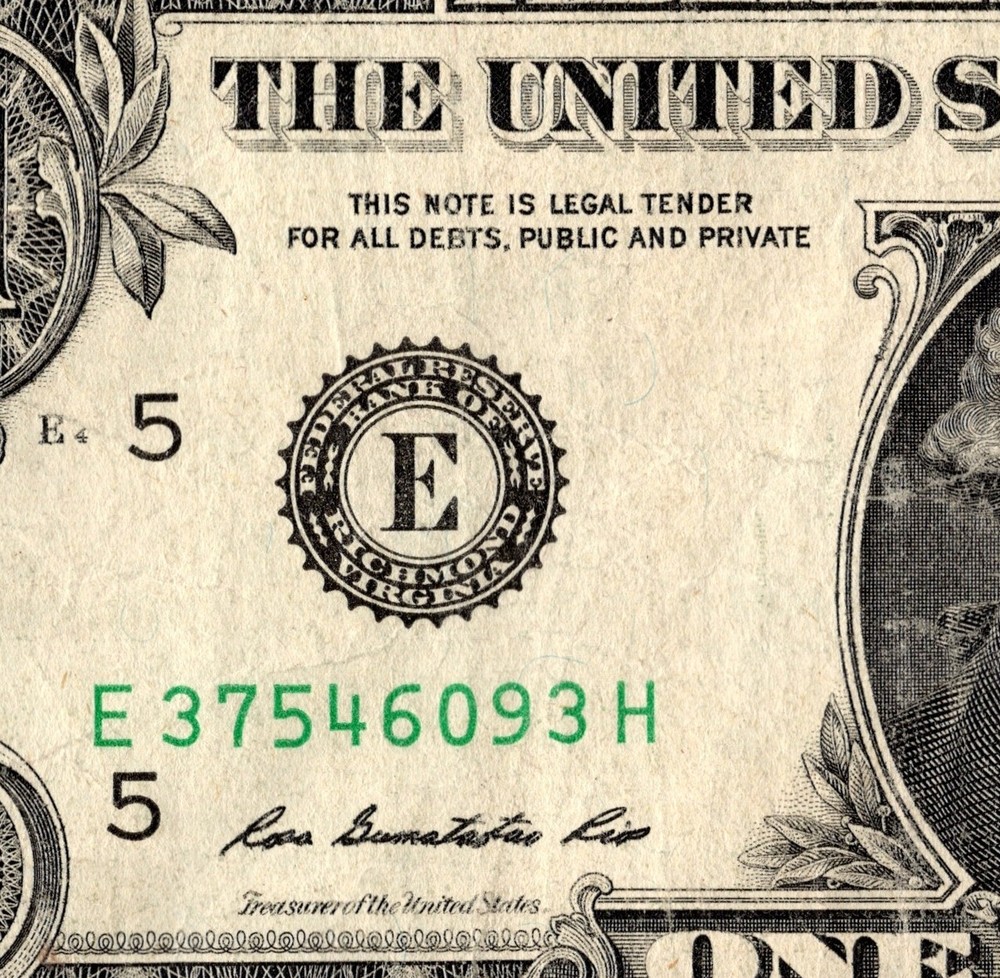 2009 E Old series Serial Number One Dollar Bill E37546093H