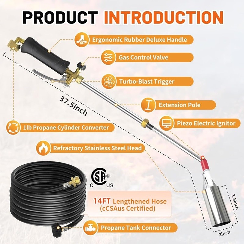 Powerful Propane Weed Torch Dual Modes Extra Long Hose Adjustable Flame Control