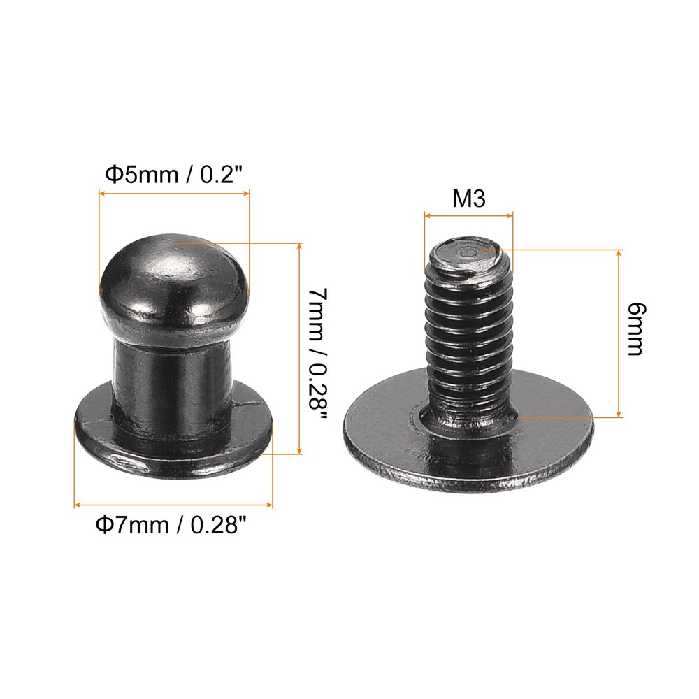 5mm Ball Head Stud Rivets Screw Back, 20Pack Round Head Button, Metallic Black