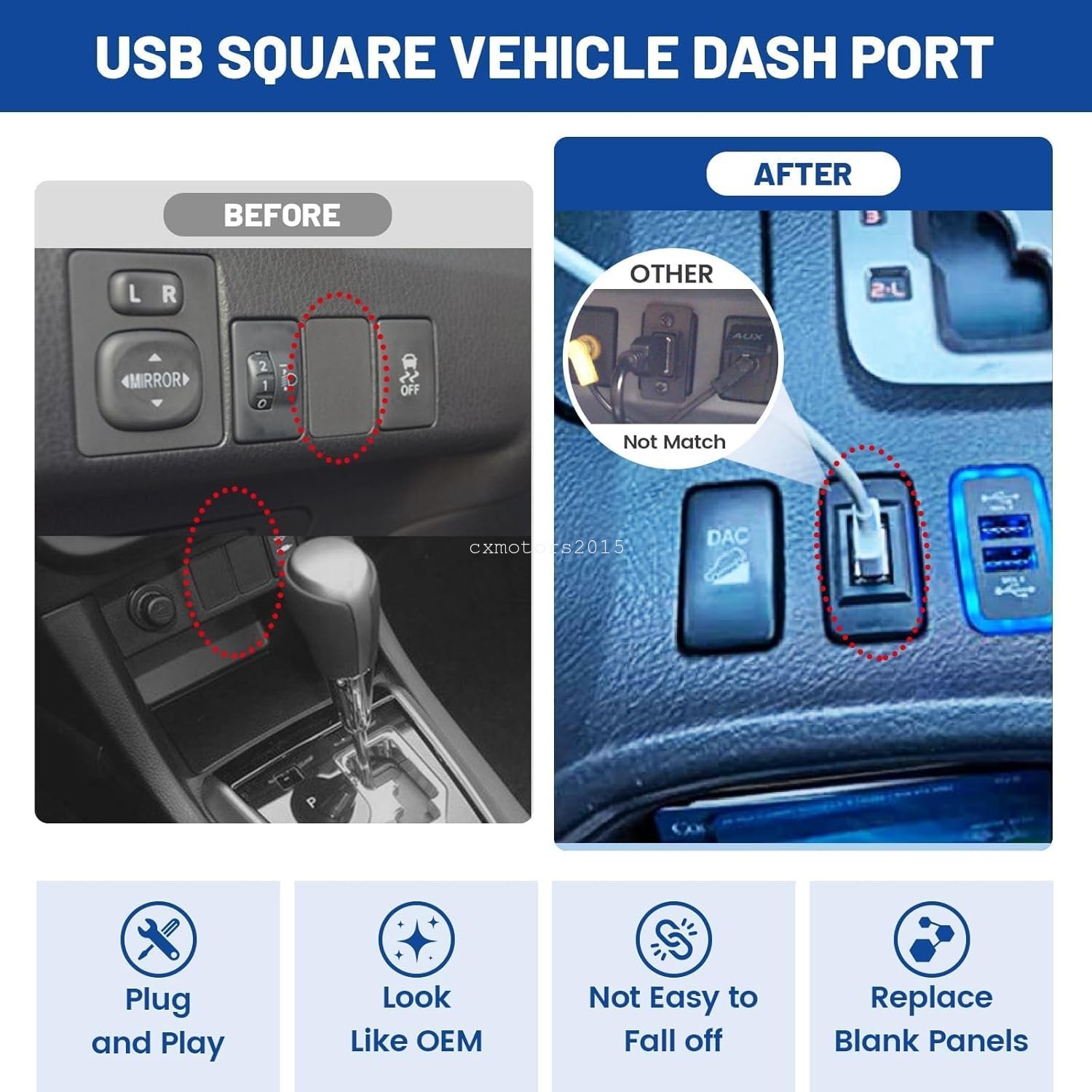 Flush Mount USB Power Socket Adapter 34x23mm for Toyota Rav4 Tundra 2009-2019
