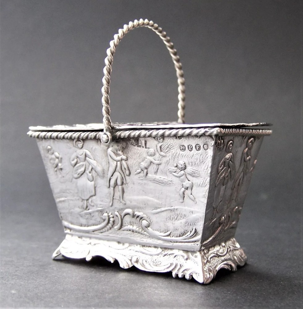 PRE-1888 SOLID SILVER HANAU MINIATURE SWING HANDLE BASKET .930 GRADE SILVER