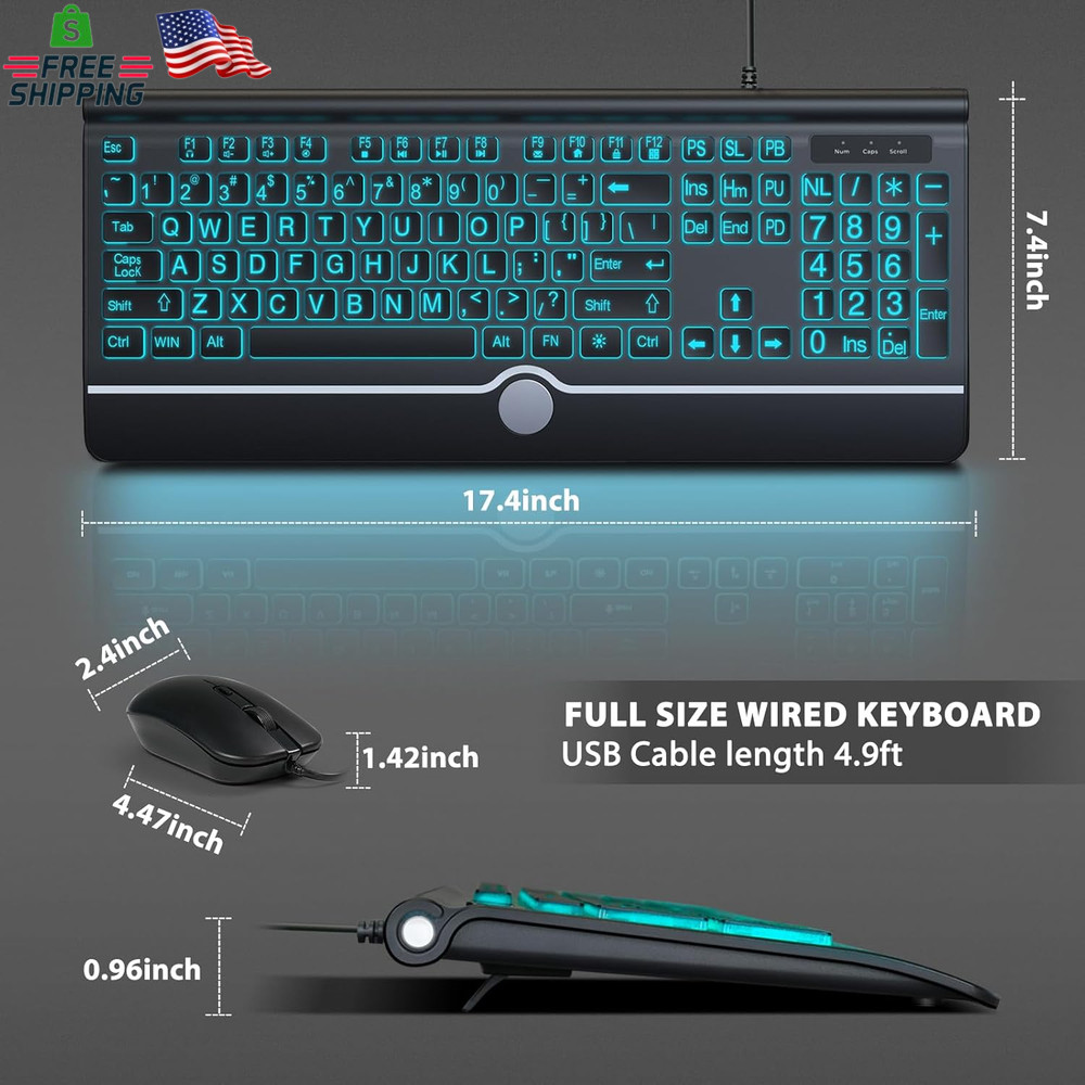 Wired Keyboard and Mouse Combo - Large Print Light up Keyboard, USB Silent Wired