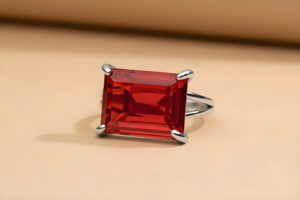 Ruby Silver Ring Handmade Emerald Cut Rectangle Prong Setting Gift