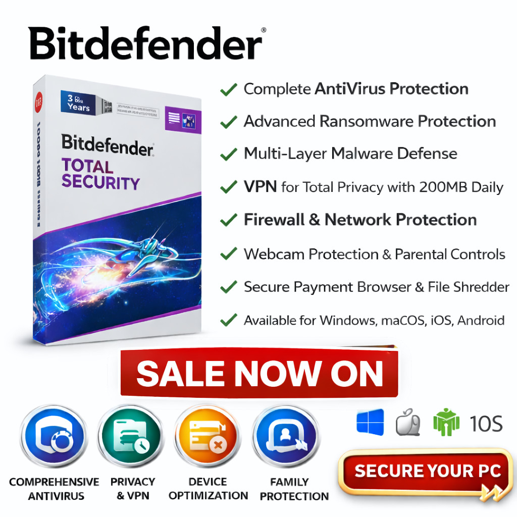 Bitdefender Total Security 2026 - 3 Years 1-15 Devices + Daily VPN