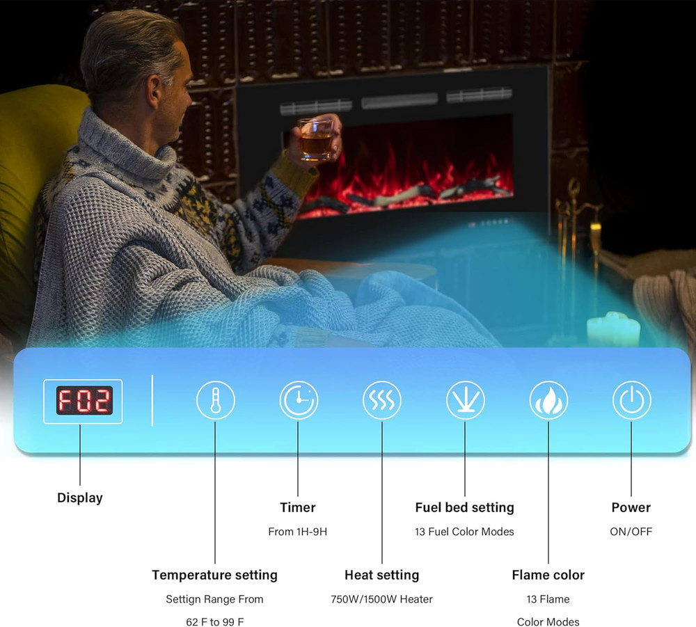 36" Electric Fireplace - Wall Mounted, 13 Flame Colors, Adjustable Temp & Timer