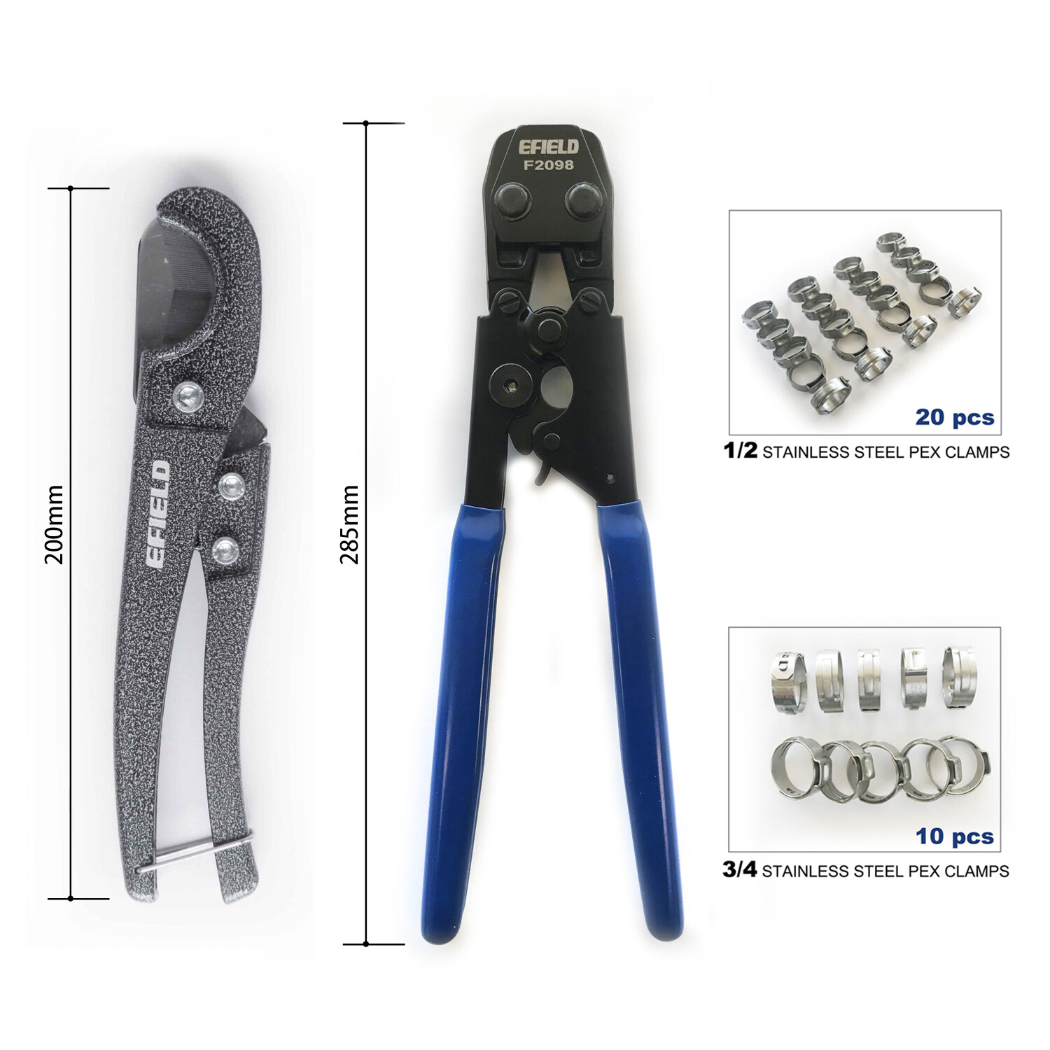 EFIELD PEX CINCH CLAMP CRIMPING TOOL & CUTTER,GAUGE+ 30 1/2" ,3/4" CLAMPS IN BAG