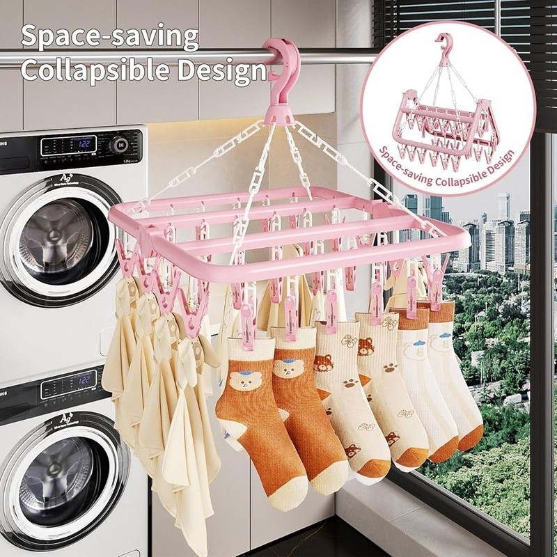Foldable Drying Rack W/ 32 Clips Rotating Hook Space Saving Laundry Organizer US