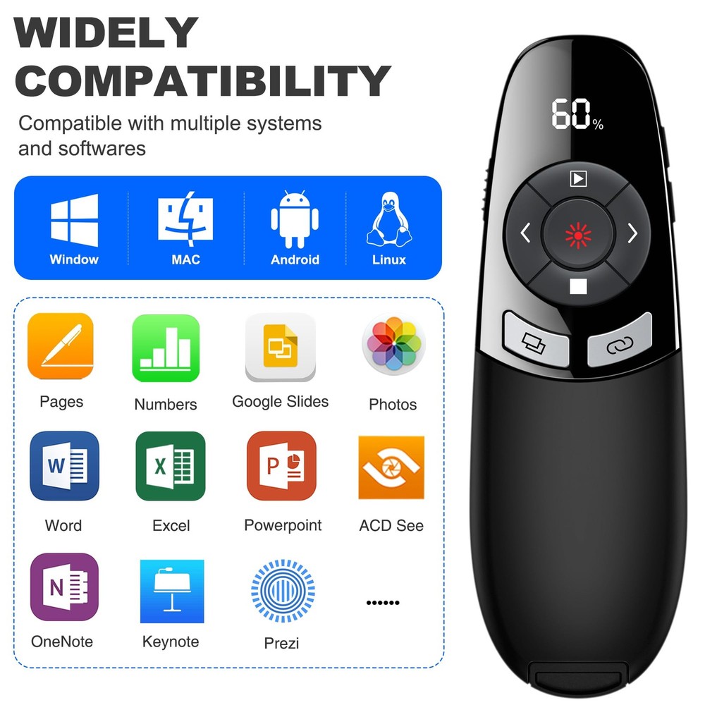 USB Type C Wireless Presentation Clicker Remote Pointer Timer Display for Mac