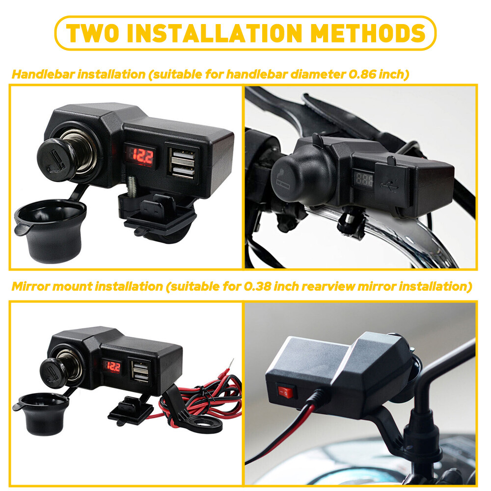 Motorcycle Handlebar Socket Waterproof Dual USB Phone Charger Cigarette Lighter
