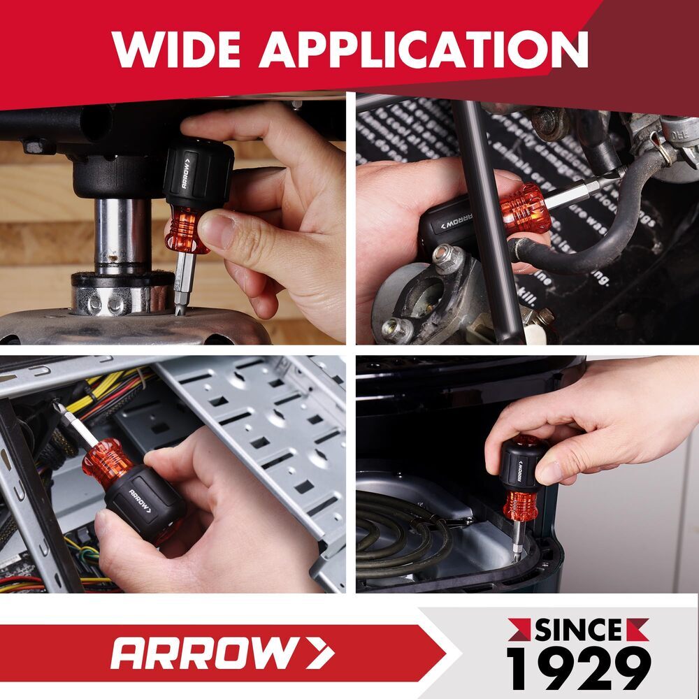 ARROW 5-in1 Stubby Screwdriver Phillips Slotted Multi-Bit Screwdriver Nut Driver