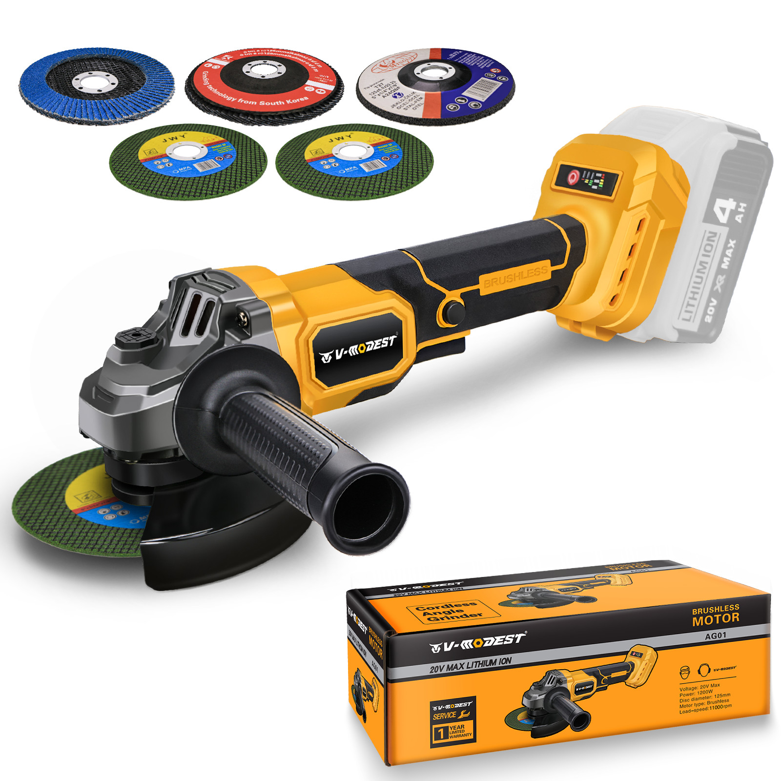 Cordless Angle Grinder For Dewalt 20V Battery 4-1/2" to 5" w/5 cutting blade