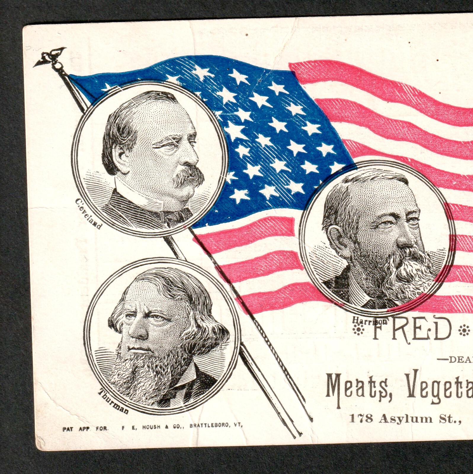 Pres. Grover Cleveland 1884 Election Fred Stokes Hartford CT Flag Adv Trade Card