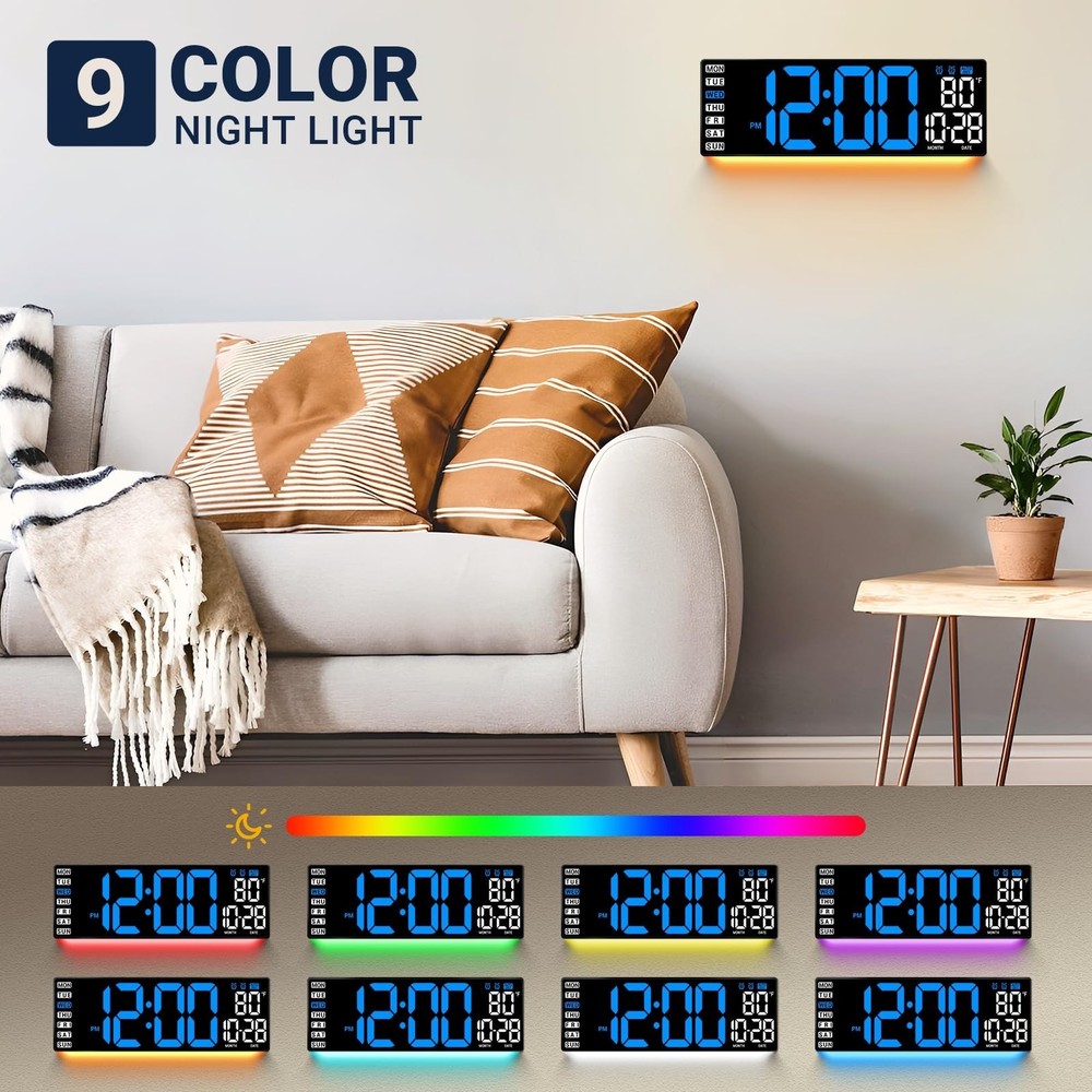 16.5" Large Digital Wall Clock with Remote Control, Auto-Dimming LED Display ...