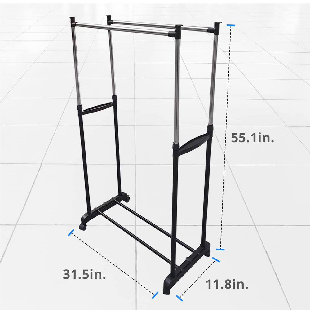 Black Portable Double Rod Rolling Clothes Rack Garment Rack with Lockable Wheels