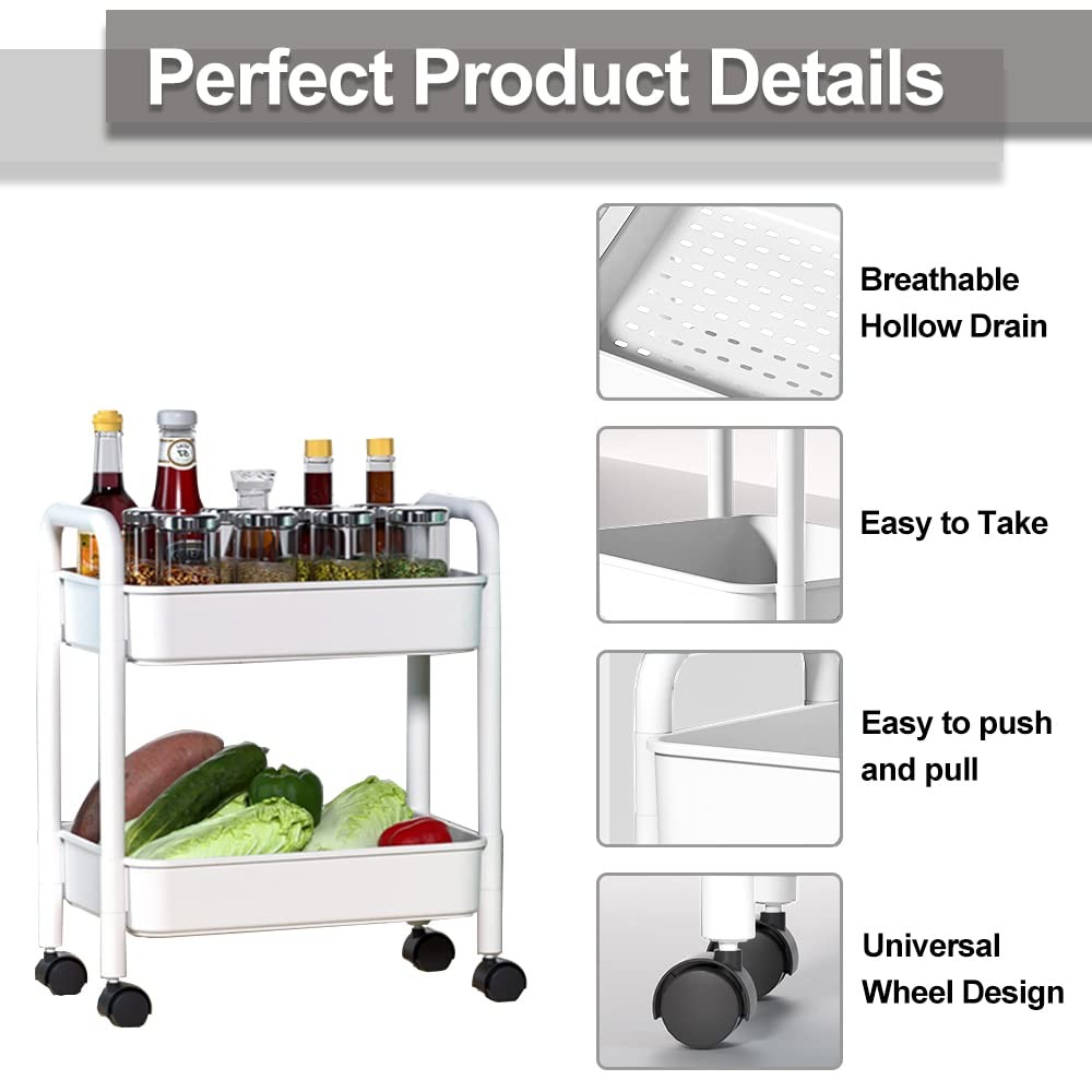 2-Tier Utility Rolling Cart Storage Organizer Sofa Side Table with Wheels, Un...