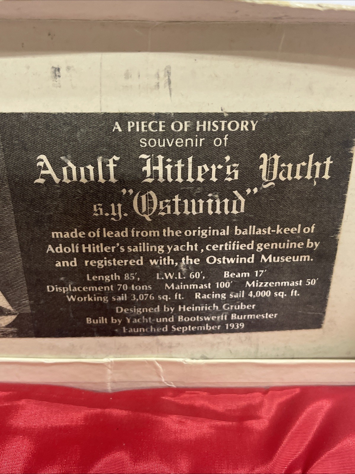 Hitler Lead Ingot S. Y. Ostwind Plaque 4” X 2”1/2" #150 With Original Box