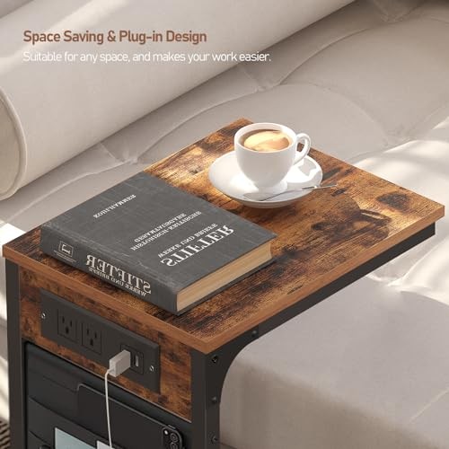 C Shaped End Table with Charging Station, Side Table for Sofa, Couch 2 Brown