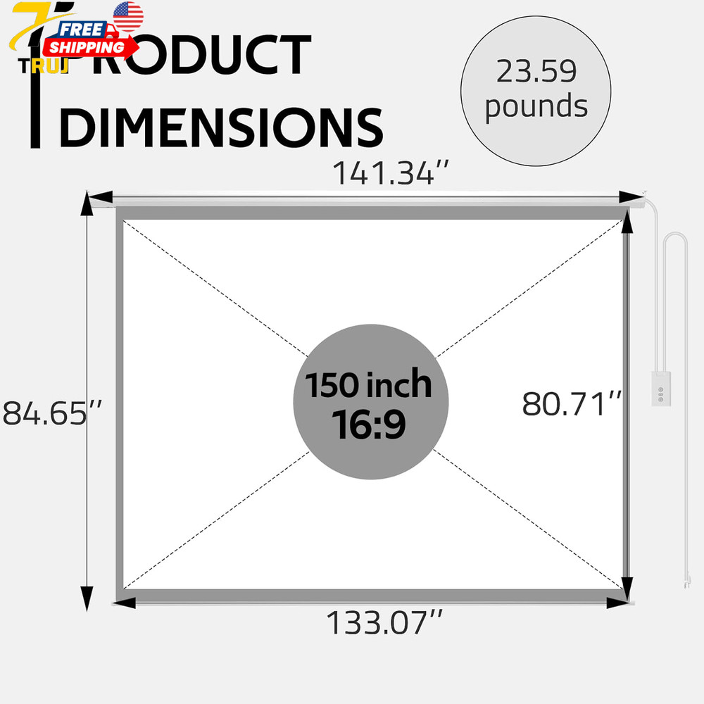 150" Projector Screen Motorized 16:9 4K HD Pull Down Retractable Projection Scre