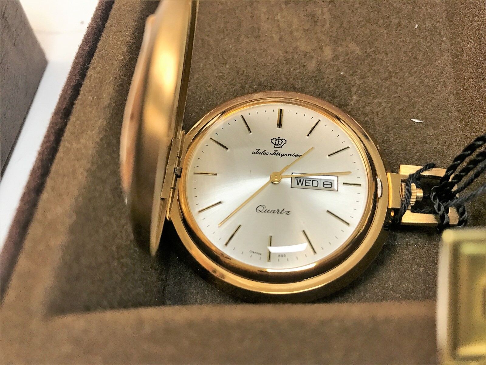 Rare NOS 1970s Jules Jurgensen Gold Tone White Dial Day Date Pocket Watch 6062Q