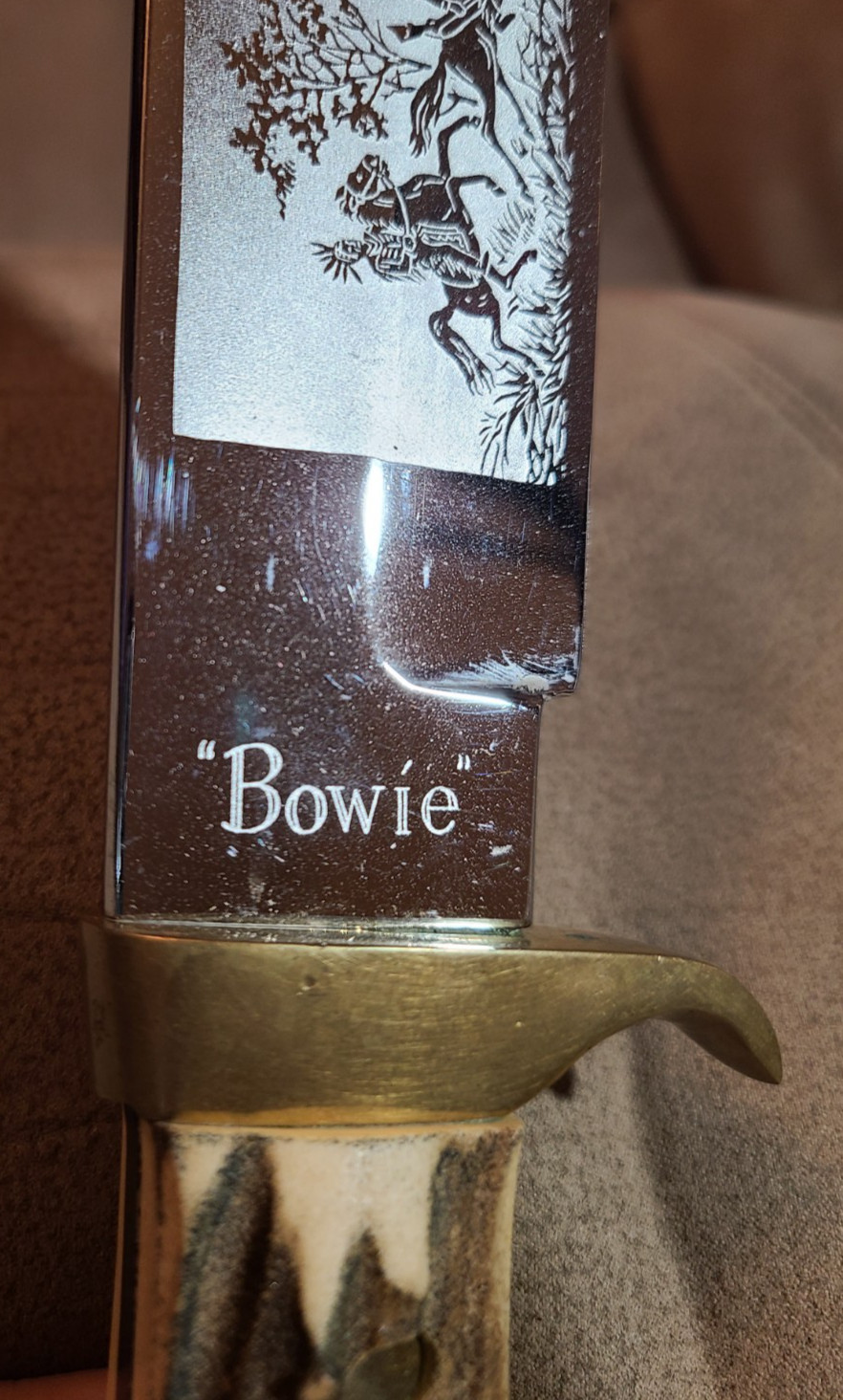 Large About 1 1/2 Pound Stag Bowie Indian Hunting Buffalo Scene Germany Chrome