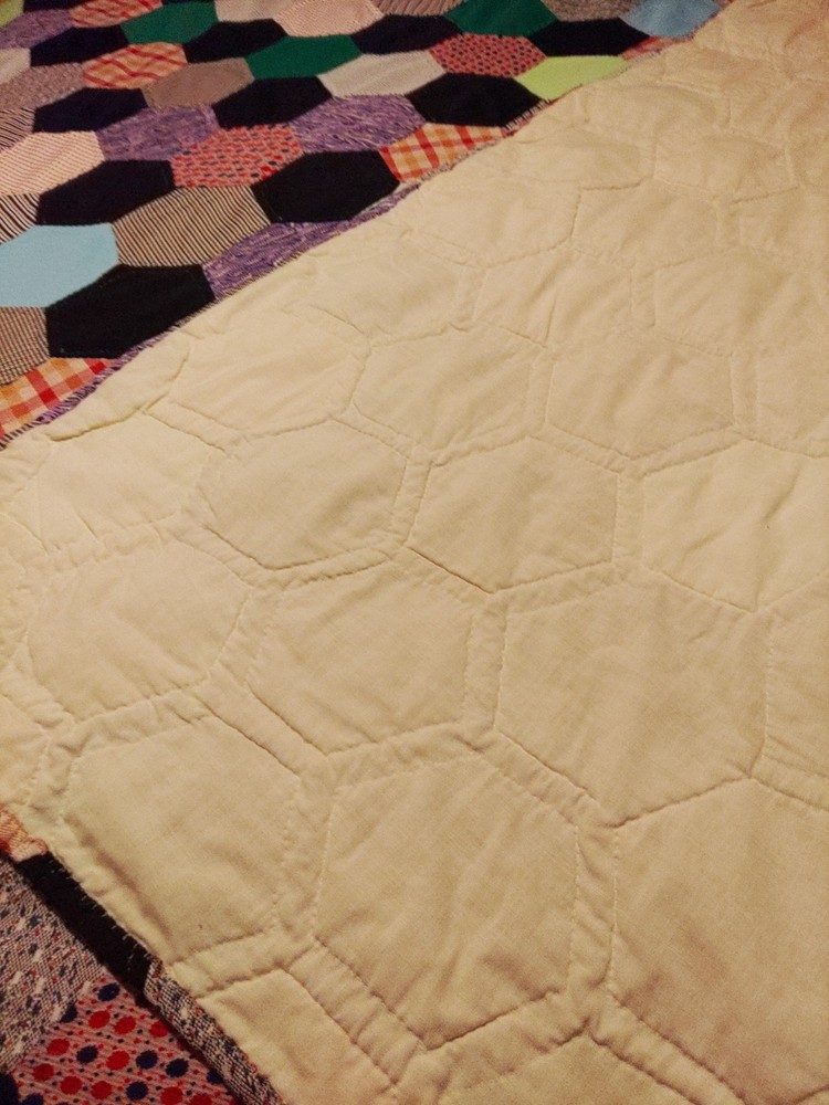 Vintage Hand Stitched 88x80 Hexagon Patchwork Quilt