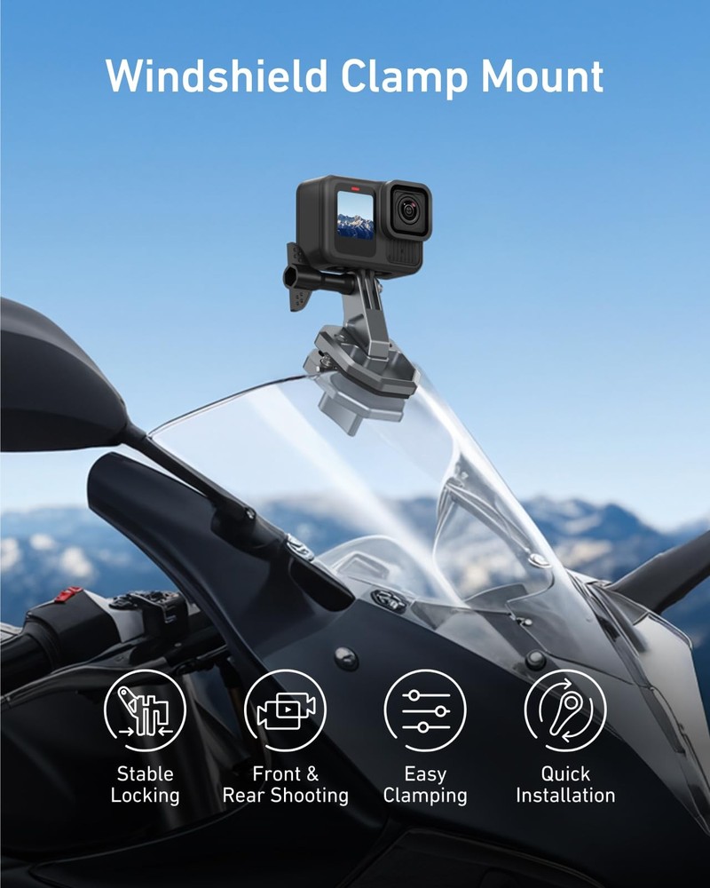 Motorcycle Windshield Clip Camera Mount, Quick Release Compact, Black