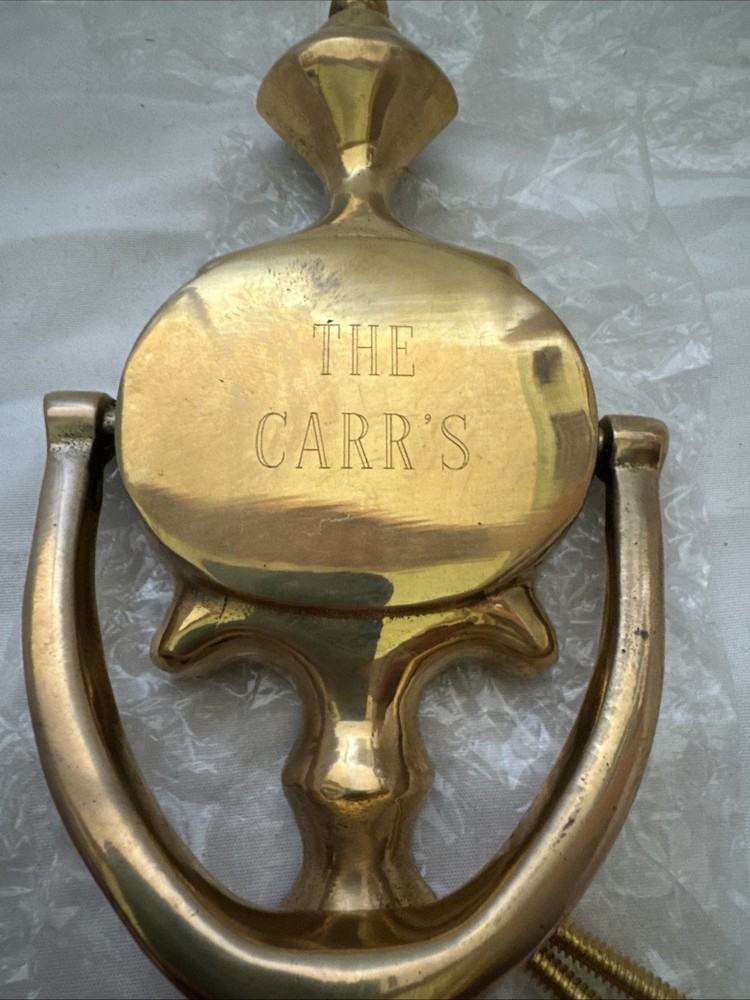 New Solid Brass Door Knocker 8.5” Tall Engraved - The Carr’s