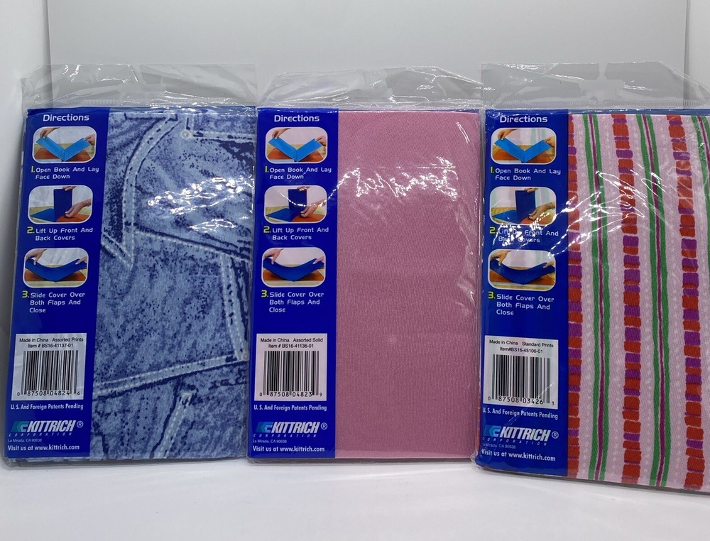 Book Covers Regular SZ - Stretchable! 3-Pack Blue Print, Pink (solid), Lines