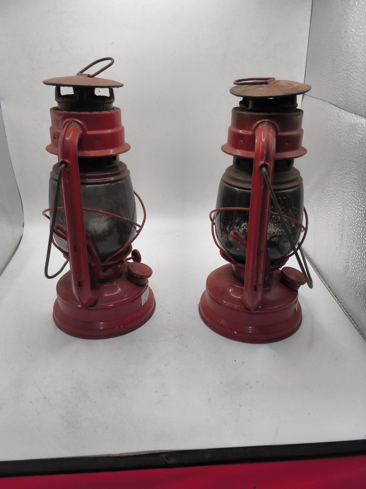 2 Vintage 10" Red Kerosene Lanterns Antique Decor