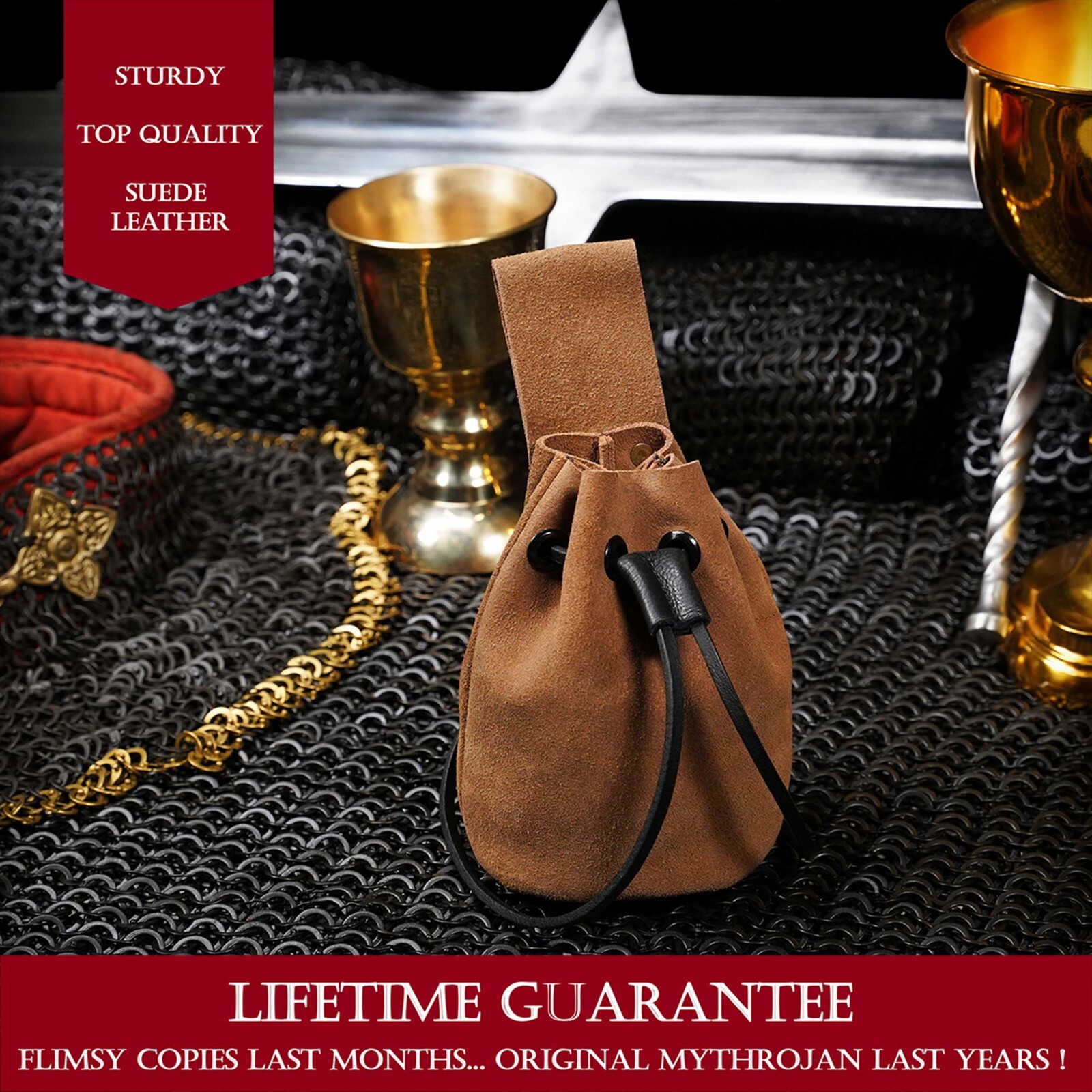 Medieval Belt Bag Renaissance Costume Accessory Suede Leather Pouch Brown